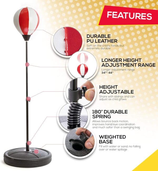 Keep kids entertained with the Adjustable Kids Punching Bag, featuring a sturdy bag, adjustable height, and boxing gloves for fun workouts.