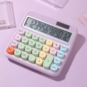 Mechanical Pushbutton Calculator with retro design, solar and battery power, and a 12-digit display for easy calculations.