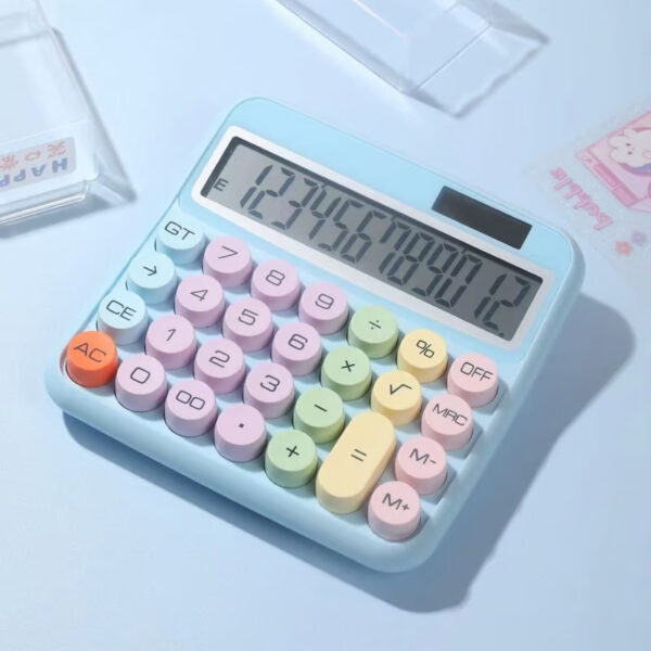 Mechanical Pushbutton Calculator features a typewriter-style design and offers both solar and battery power options.