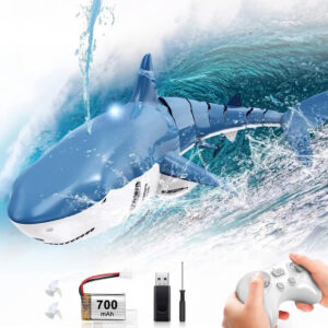 The Realistic RC Shark Toy features a lifelike design with water spray and light effects for added fun.