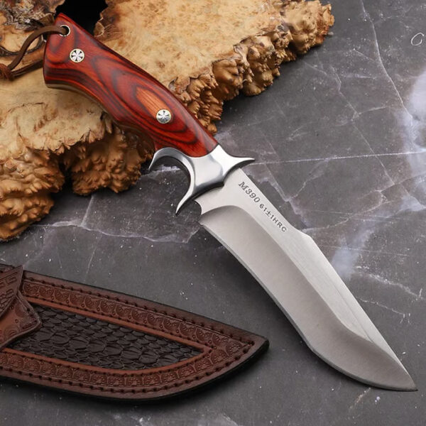 Durable German M390 Outdoor Knife featuring a sharp M390 steel blade and ergonomic rosewood handle for added safety.