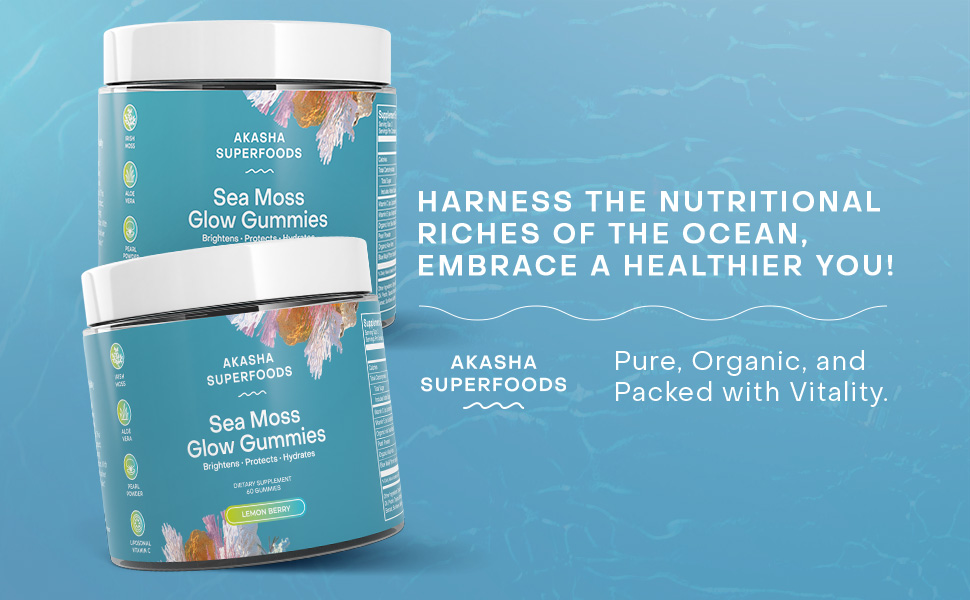 Sea Moss Glow Gummies support glowing hair, skin, and nails with natural ingredients like sea moss, Vitamin E, and aloe vera.